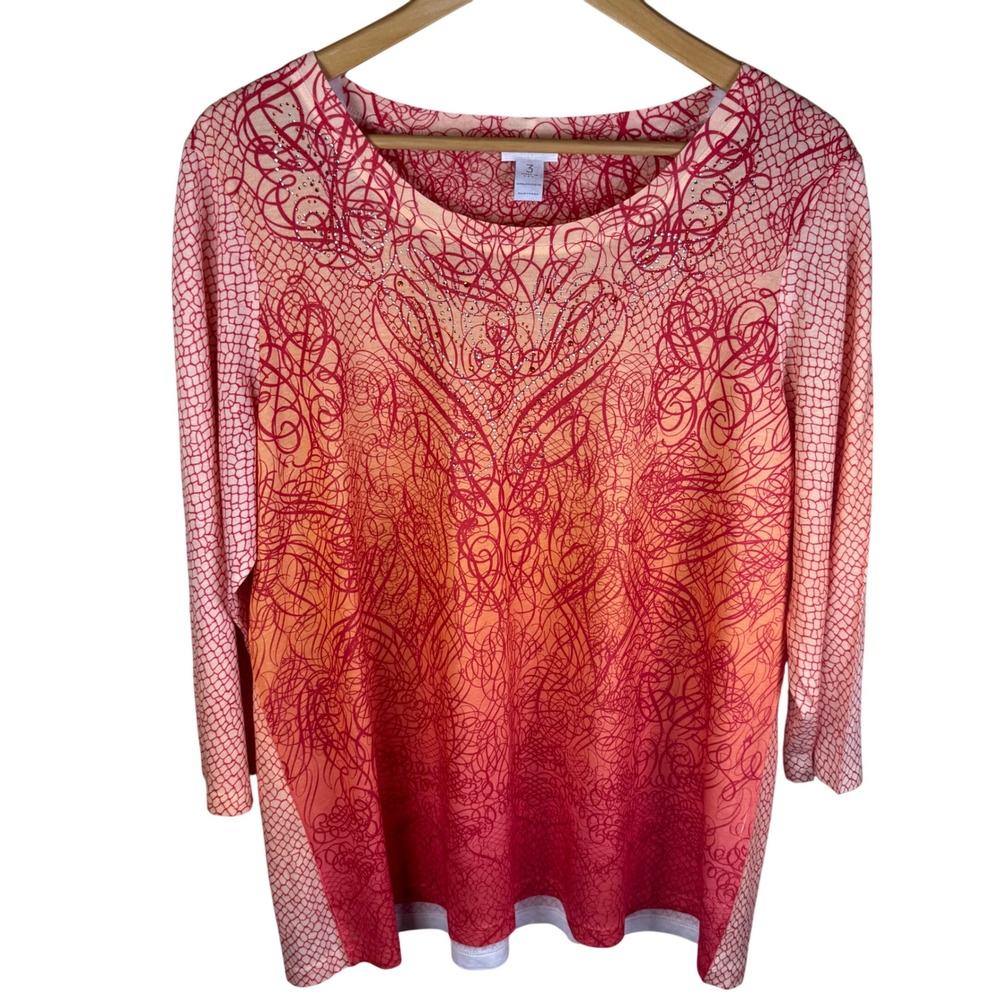 Chicos Size‎ 16 Women's 3/4 Sleeve Blouse Top Orange Red Swirl Vacation Print